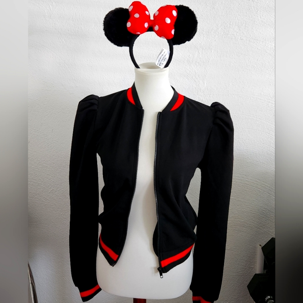 Puffy Shoulder Black With Red Stripe Jacket + Minnie Ears